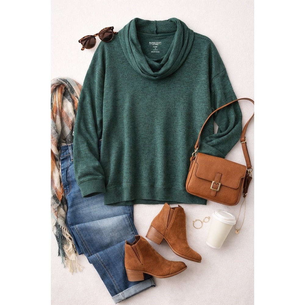 Torrid Super Soft Plush Cowl Neck Sweater Dark Green Marl Size 0‎ L XL